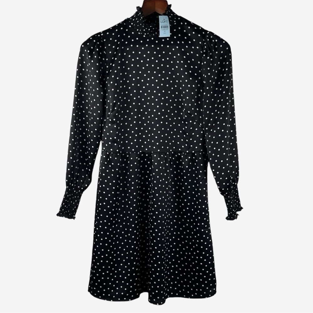 LOFT Dotted Smocked Mini Flare Dress Size 0 Petite Black Lined NEW - Picture 7 of 15